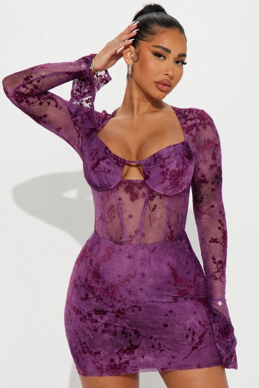 NWT Fashion Nova Small Riley Mesh Mini Dress Plum Floral Print Sexy Corset